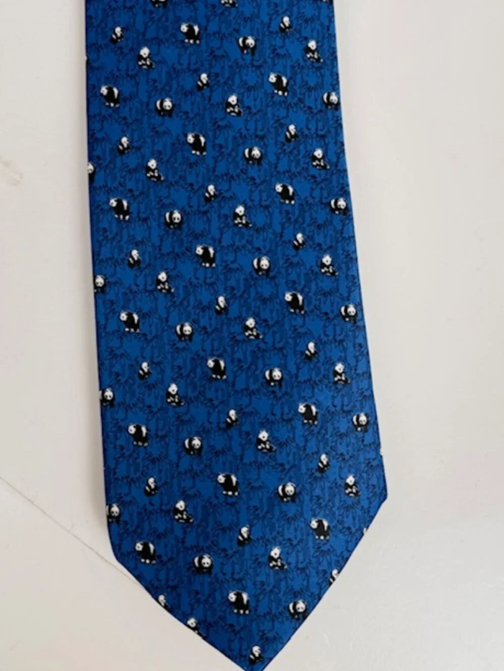 Kailong Vintage Mens Tie Handmade 100% Silk Panda Bears & Bamboo Blue Dress